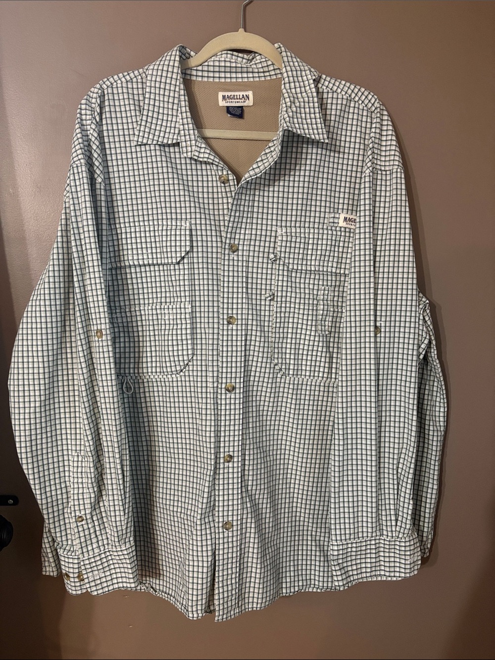 Magellan Outdoors Men's Green and White Checked Button-Front Shirt